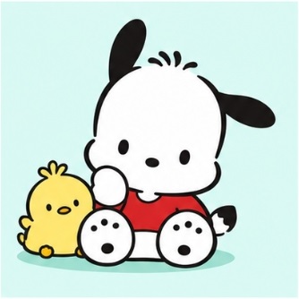 Pochacco sitting peacefully with a little yellow chick friend