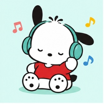 Pochacco wearing headphones listening to cheerful music
