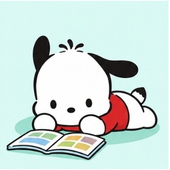 Pochacco lying down happily reading a book