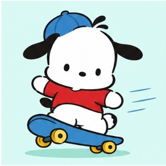 Pochacco riding a blue skateboard with an energetic smile