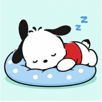 Pochacco peacefully sleeping on a blue polka-dot cushion