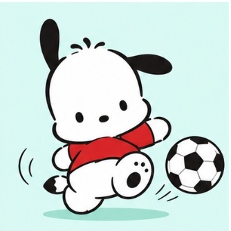 Pochacco playfully kicking a soccer ball