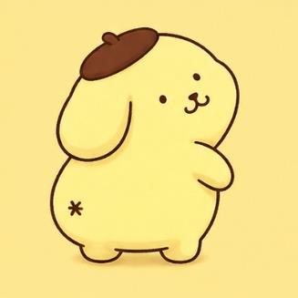 Pompompurin looking back over his shoulder showing his trademark design and tail mark