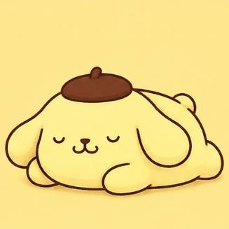 Pompompurin fast asleep with eyes closed and ears relaxed on the floor