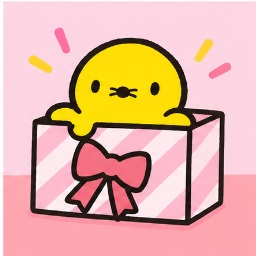 Puwawa peeking out cheerfully from a pink ribbon gift box