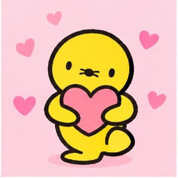Puwawa holding a big pink heart surrounded by floating hearts