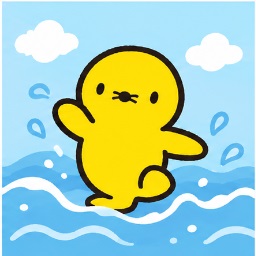 Puwawa the baby sea-bozu splashing happily in sparkling blue ocean waves