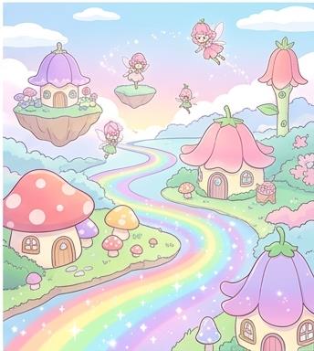 Panoramic view of Little Fairilu with fairy trees and mushroom houses
