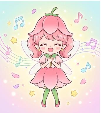 Lip singing joyfully with floating musical notes and tulip petals