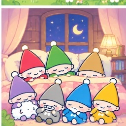 Seven Silly Dwarfs gathered inside their cozy woodland cottage