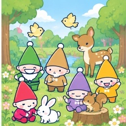 Seven Silly Dwarfs living in harmony with gentle forest wildlife