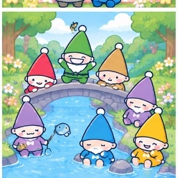 Seven Silly Dwarfs exploring a forest river and collaborating on adventures