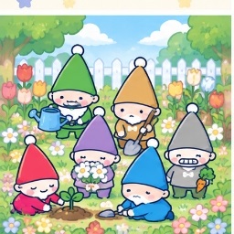 Seven Silly Dwarfs tending to woodland flower gardens and mushrooms
