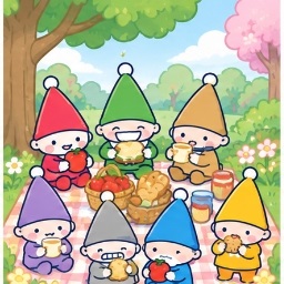 Seven Silly Dwarfs gathering around fresh fruits and picnic pastries