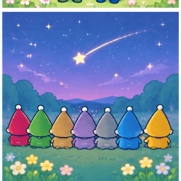 Seven Silly Dwarfs stargazing under a tranquil night sky