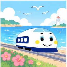 Shinkansen along coastal lighthouse