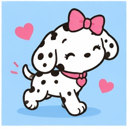 Spottie Dottie posing playfully with a wagging tail and floating hearts