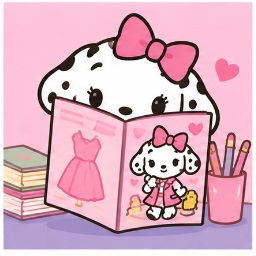 Spottie Dottie reading an open fashion magazine with colored pencils and style notes