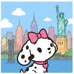 Spottie Dottie against the New York City skyline with the Brooklyn Bridge and Statue of Liberty