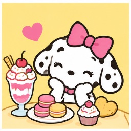 Spottie Dottie happily admiring an array of desserts including ice cream sundae, macarons, and cupcakes