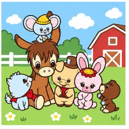 Spunky Burro surrounded by Speedy, Cathy, Piki, Robin, and Mogu in front of the red barn