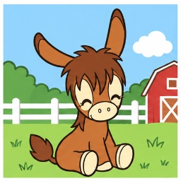 Spunky Burro sitting peacefully on the farm lawn near the red barn