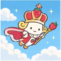 The Strawberry King gliding gracefully through the blue sky holding his golden Strawberry Staff