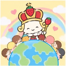 The Strawberry King with friends around the globe under a rainbow symbolizing world peace