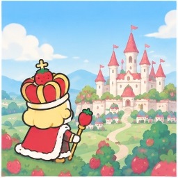 The Strawberry King overlooking the peaceful Strawberry Kingdom castle and strawberry fields