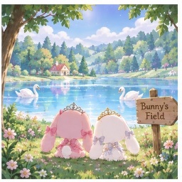 Sugar Minuet twins sitting by the tranquil forest lake in Bunny's Field