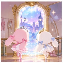 Sugar Minuet twins standing before the magical practice room mirror looking into the human world