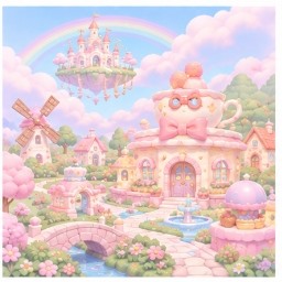 The storybook fantasy landscape of Bunny's Field with pastel bakeries, bridges, and rainbows