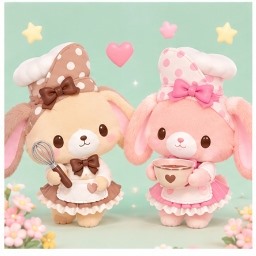 Cacao and Vanilla dressed in chef aprons and polka-dot hats holding a whisk and mixing bowl