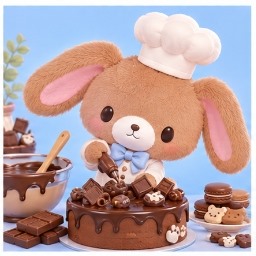 KuroUsa wearing a chef hat decorating rich chocolate cakes and macarons