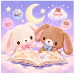 ShiroUsa and KuroUsa reading a magical glowing sweets recipe book under a crescent moon