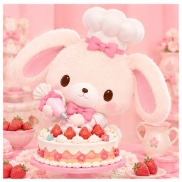 ShiroUsa wearing a chef hat piping strawberry cream cake in his kitchen