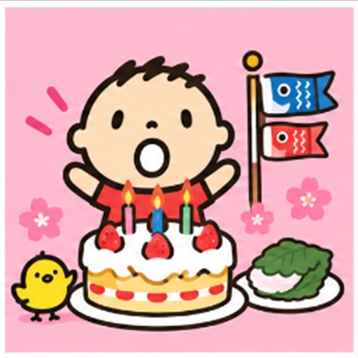 Minna No Tabo celebrating May 5 Children's Day birthday with cake and koinobori streamer