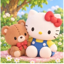 Tiny Chum sitting peacefully beside Hello Kitty in a floral garden