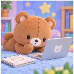 Tiny Chum relaxing with a laptop and sketch notebook
