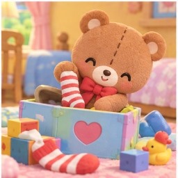 Tiny Chum playfully peeking out of a toy box with striped socks