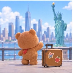 Tiny Chum standing with a travel suitcase gazing toward the New York skyline