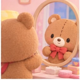 Tiny Chum adjusting his red ribbon bow in a vanity mirror