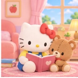 Hello Kitty reading a cozy bedtime storybook to Tiny Chum in the living room