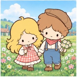 Sacchan and her canon boyfriend Daichan holding hands while walking through a wildflower meadow