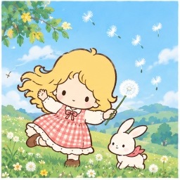Sacchan dancing joyfully in the gentle breeze with dandelion fluff and a bunny in a green meadow