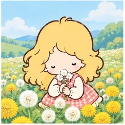 Sacchan kneeling among blooming yellow dandelions and fluffy white seed heads