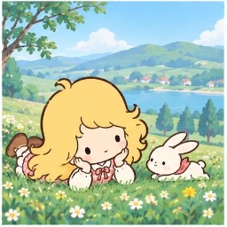 Sacchan resting peacefully in the grass overlooking green hills and a lake