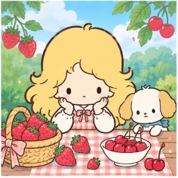 Sacchan at a picnic table with bowls of fresh strawberries and cherries