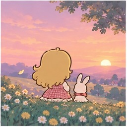 Sacchan and her bunny friend watching the sunset over the rolling hills