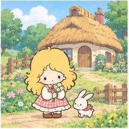 Sacchan standing outside her small cozy thatched-roof house in the countryside